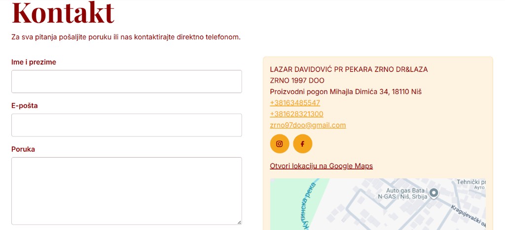 Zrno — kontakt stranica sa formom i mapom