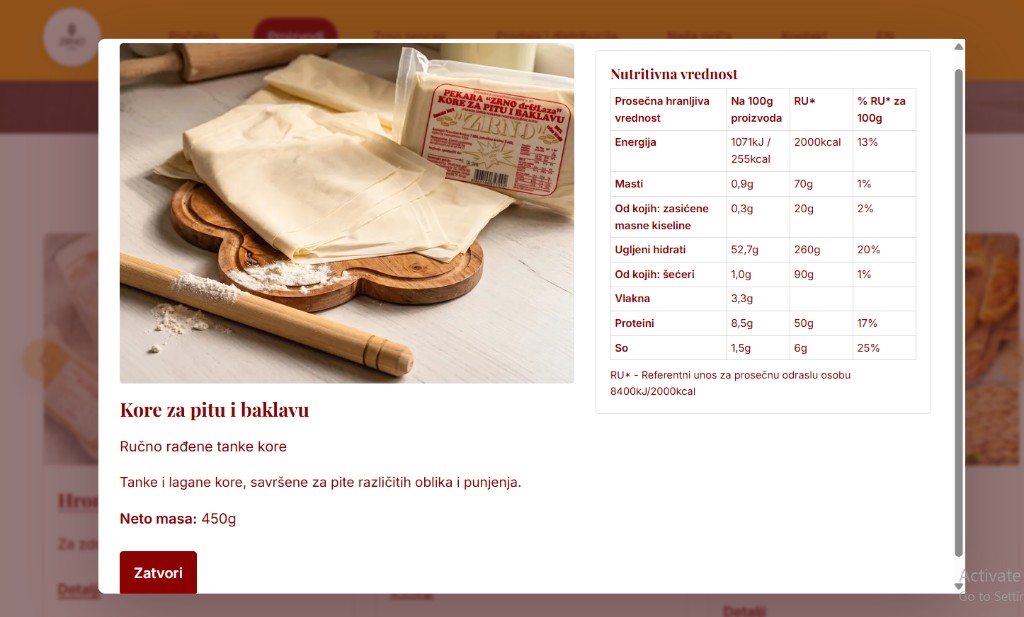 Zrno — pop-up sa opisom proizvoda i nutritivnim vrednostima